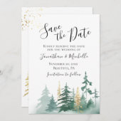Gold Green Woodland Pine Trees Inspirerend Save The Date (Voorkant / Achterkant)
