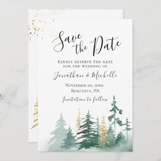Gold Green Woodland Pine Trees Inspirerend Save The Date (Voorkant / Achterkant)