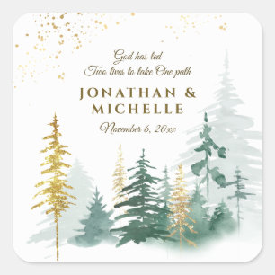 Gold Green Woodland Pine Trees Inspirerend Vierkante Sticker
