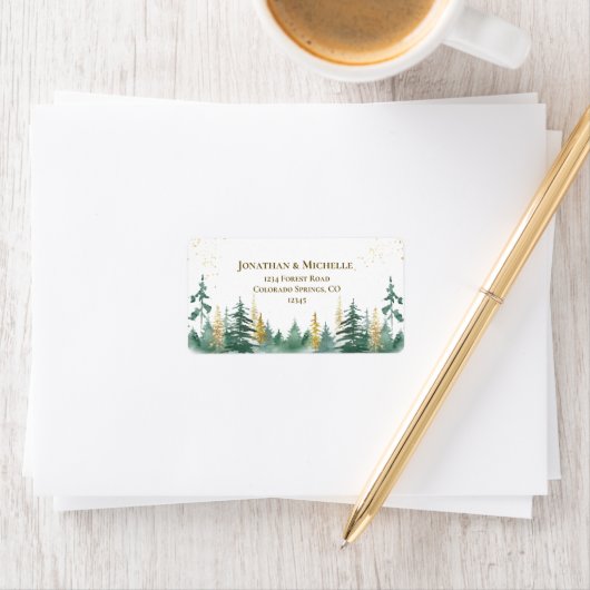 Gold Green Woodland Pine Trees Wedding Etiket (Insitu)