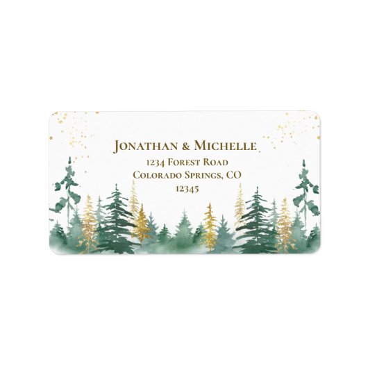 Gold Green Woodland Pine Trees Wedding Etiket (Voorkant)