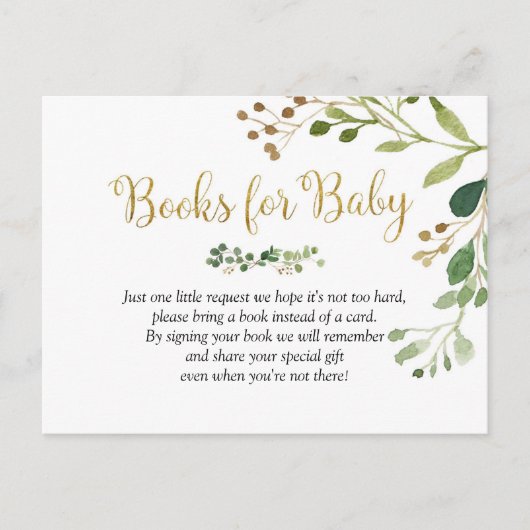 Gold Greenery Baby shower Boeken voor Baby Uitnodiging Briefkaart (Voorkant)