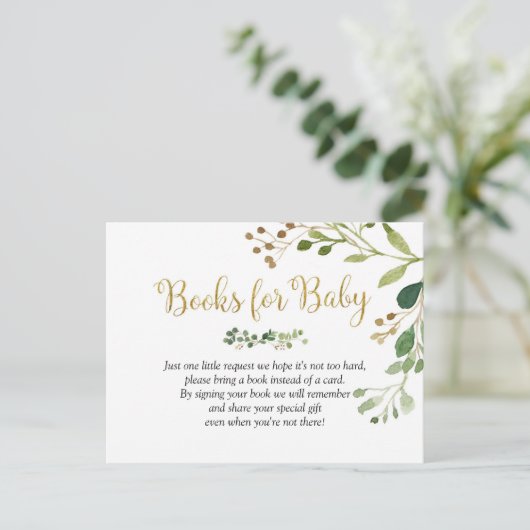 Gold Greenery Baby shower Boeken voor Baby Uitnodiging Briefkaart (Staand voorkant)