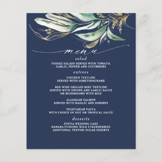 Gold Greenery Branch Navy Blue Menu (Voorkant)