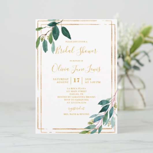 Gold Greenery Bridal Shower-uitnodigingen Save The Date (Staand voorkant)