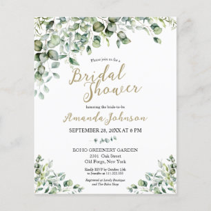 Gold Greenery Budget Bridal Shower-uitnodiging