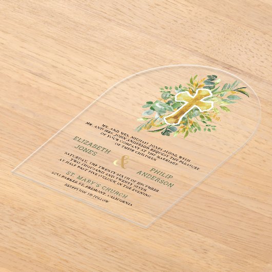Gold Greenery Catholic Wedding Acryl Uitnodigingen (Laagn)