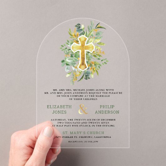 Gold Greenery Catholic Wedding Acryl Uitnodigingen (Insitu (Draagbaar))
