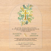 Gold Greenery Catholic Wedding Acryl Uitnodigingen (Voorkant)