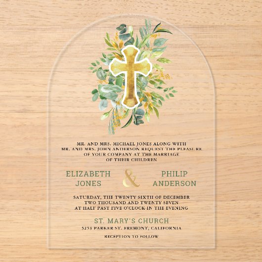 Gold Greenery Catholic Wedding Acryl Uitnodigingen (Voorkant)