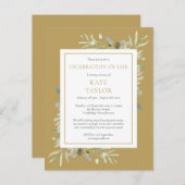 Gold Greenery Celebration of Life Invitation Aankondigingskaart (Voorkant / Achterkant)