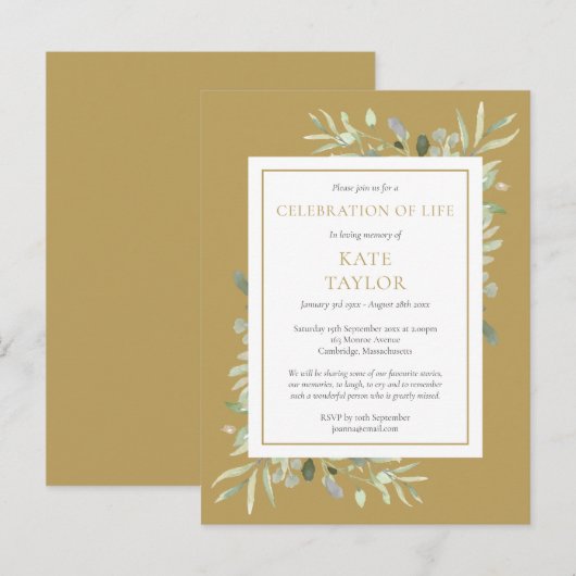 Gold Greenery Celebration of Life Invitation Aankondigingskaart (Voorkant / Achterkant)