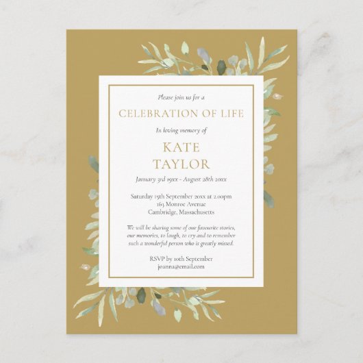 Gold Greenery Celebration of Life Invitation Aankondigingskaart (Voorkant)