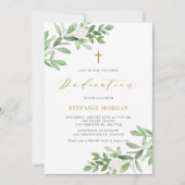 Gold Greenery en White Flowers Baby Dedication Kaart (Voorkant)