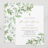 Gold Greenery en White Flowers Baby Dedication Kaart (Voorkant / Achterkant)