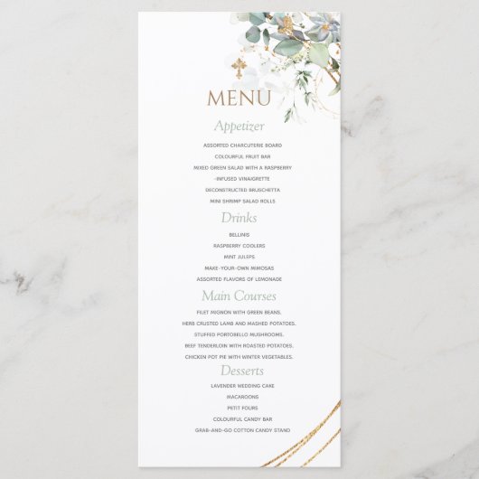 Gold Greenery Eucalyptus Boy Baptism Menu (Voorkant)