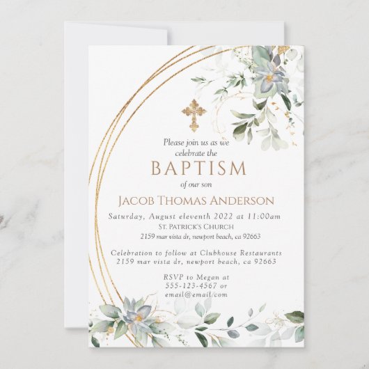 Gold Greenery Eucalyptus Boy Baptisme Invitation Kaart (Voorkant)