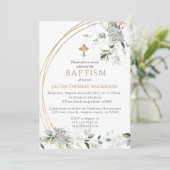 Gold Greenery Eucalyptus Boy Baptisme Invitation Kaart (Staand voorkant)