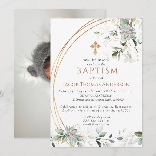 Gold Greenery Eucalyptus Boy Baptisme Invitation Kaart (Voorkant / Achterkant)