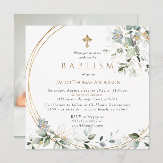 Gold Greenery Eucalyptus Boy Baptisme Invitation Kaart (Voorkant / Achterkant)