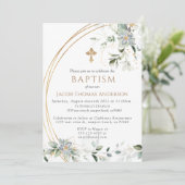 Gold Greenery Eucalyptus Boy Baptisme Invitation Kaart (Staand voorkant)