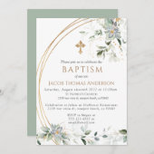 Gold Greenery Eucalyptus Boy Baptisme Invitation Kaart (Voorkant / Achterkant)