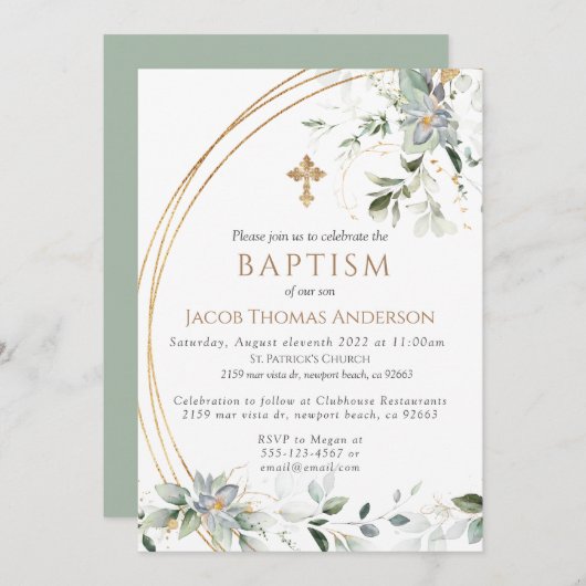 Gold Greenery Eucalyptus Boy Baptisme Invitation Kaart (Voorkant / Achterkant)