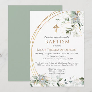 Gold Greenery Eucalyptus Boy Baptisme Invitation Kaart