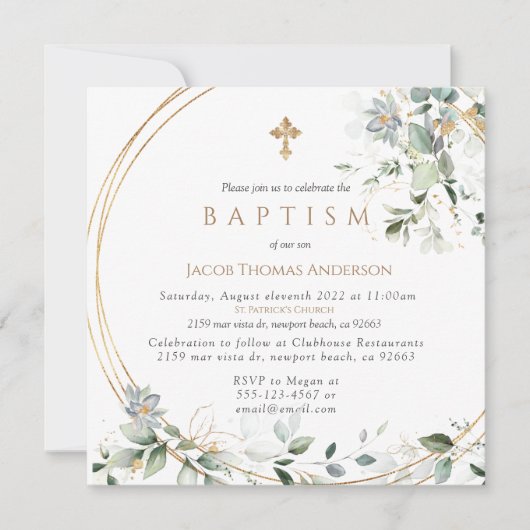 Gold Greenery Eucalyptus Boy Baptisme Invitation Kaart (Voorkant)
