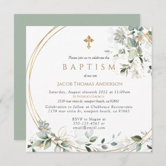Gold Greenery Eucalyptus Boy Baptisme Invitation Kaart