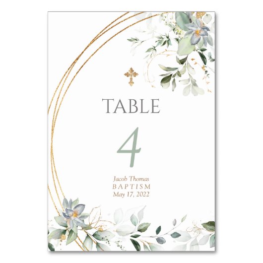 Gold Greenery Eucalyptus Boy Baptisme Table Number Kaart (Voorkant)