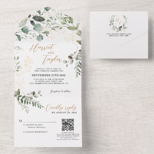 Gold Greenery Eucalyptus Monogram QR Code Huwelijk All In One Uitnodiging