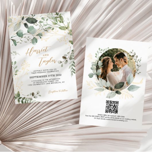Gold Greenery Eucalyptus Photo QR Code Wedding  Kaart