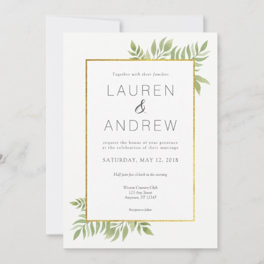 Gold Greenery Floral Leaves Wedding Kaart (Voorkant)