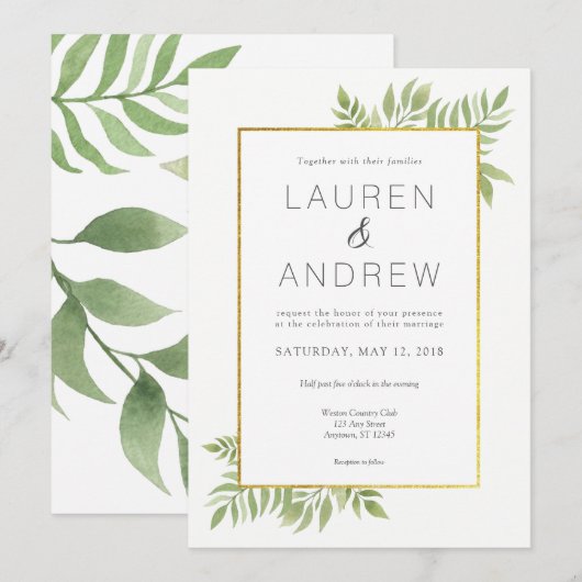 Gold Greenery Floral Leaves Wedding Kaart (Voorkant / Achterkant)