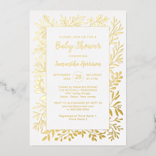 Gold Greenery Foliage Gender Neutral Baby shower Folie Uitnodiging (Voorkant)