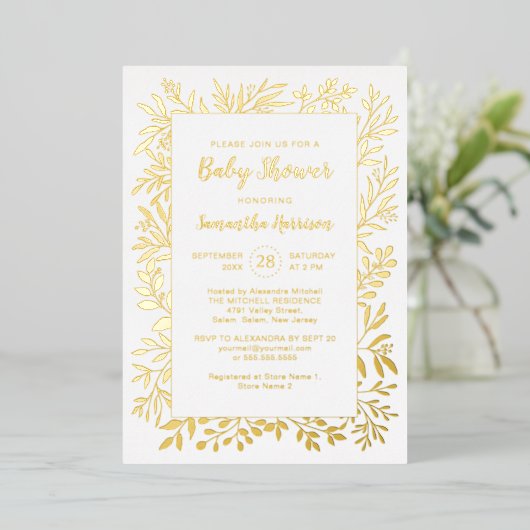 Gold Greenery Foliage Gender Neutral Baby shower Folie Uitnodiging (Staand Voorkant)