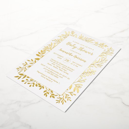 Gold Greenery Foliage Gender Neutral Baby shower Folie Uitnodiging (Gedraaid)