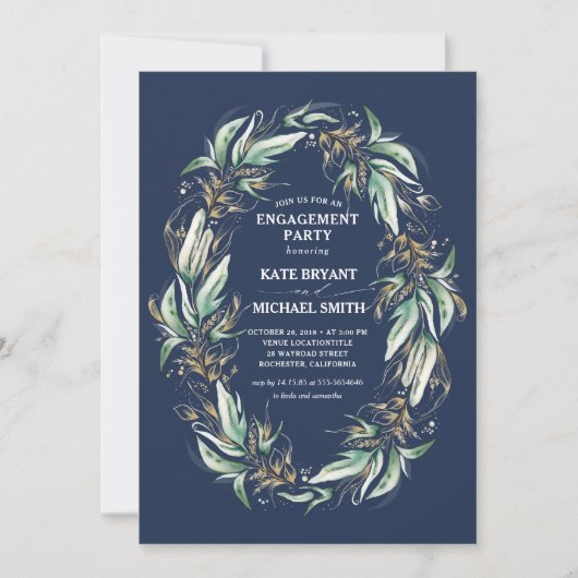 Gold Greenery Foliage Navy Blue Engagement Party Kaart (Voorkant)