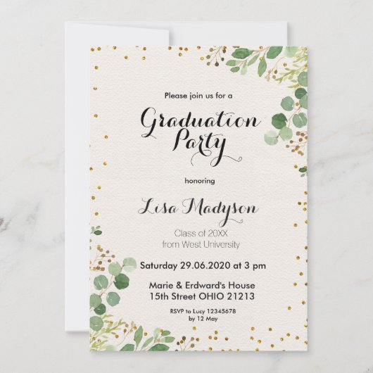 Gold Greenery Graduation Party Invite Kaart (Voorkant)