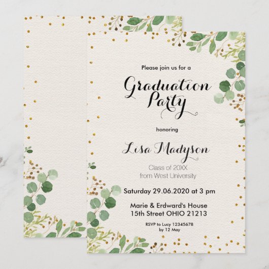 Gold Greenery Graduation Party Invite Kaart (Voorkant / Achterkant)