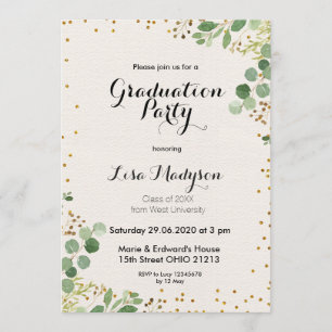 Gold Greenery Graduation Party Invite Kaart