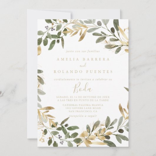 Gold Greenery Herfst Spaanse bruiloft Kaart (Voorkant)