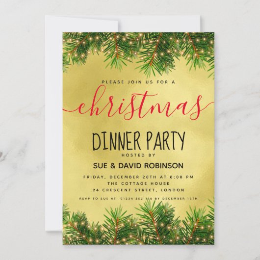 Gold Greenery Lights kerstfeestdag diner Kaart (Voorkant)