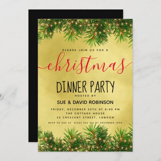 Gold Greenery Lights kerstfeestdag diner Kaart (Voorkant / Achterkant)