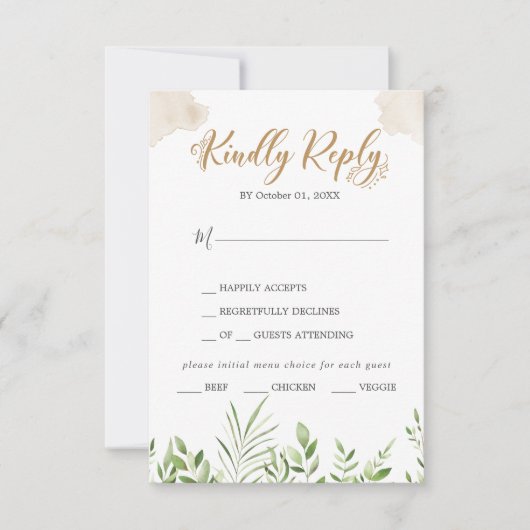 Gold Greenery Menu Keuze Huwelijk RSVP Kaart (Voorkant)
