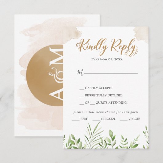 Gold Greenery Menu Keuze Huwelijk RSVP Kaart (Voorkant / Achterkant)