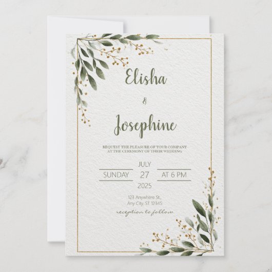 Gold Greenery Minimalist Leaf Lijst Wedding Kaart (Voorkant)