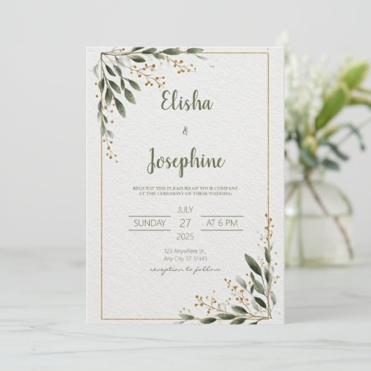 Gold Greenery Minimalist Leaf Lijst Wedding Kaart (Staand voorkant)