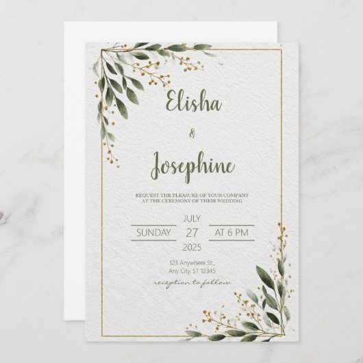 Gold Greenery Minimalist Leaf Lijst Wedding Kaart (Voorkant / Achterkant)